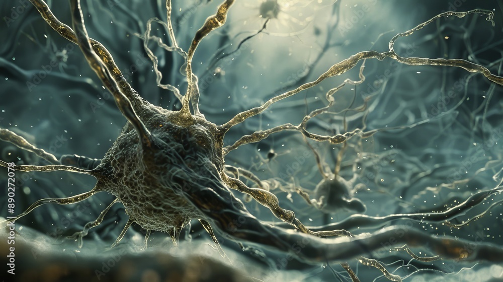 Poster close up view of a neuron cell with detailed axon structure