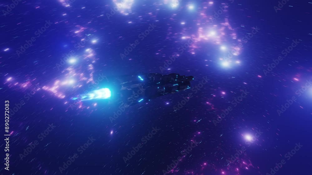 Poster spaceship travelling into deep space and galaxy to explore unknown worlds