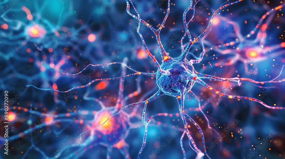 Poster microscopic view of a nerve cell with dendrites and axon