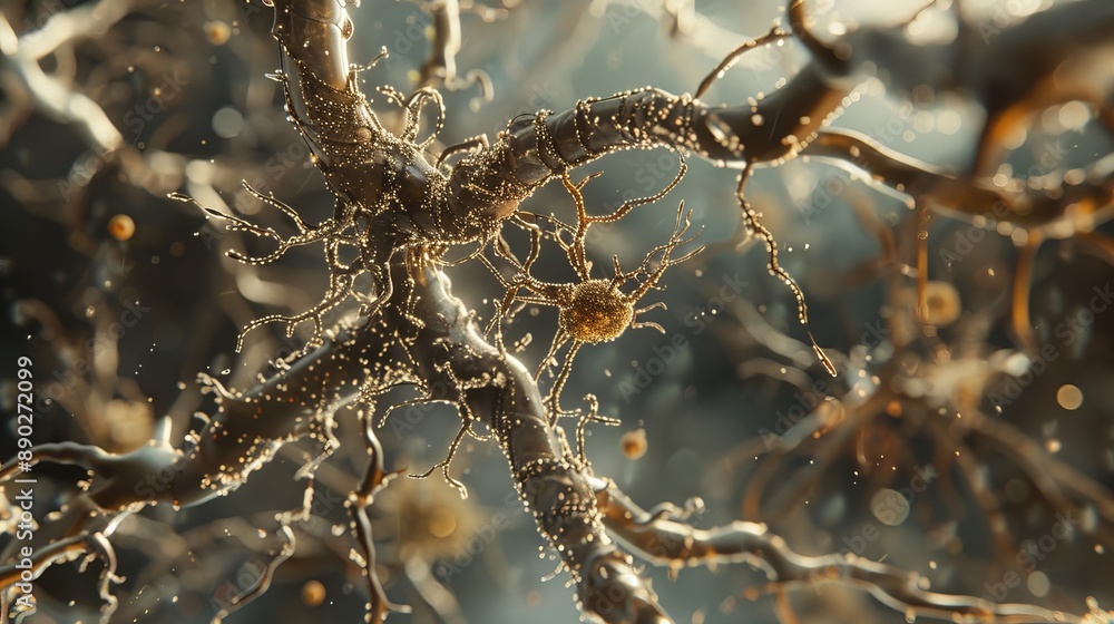 Poster microscopic view of a neuron with dendrites and synapses