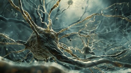 Close up view of a neuron cell with detailed axon structure