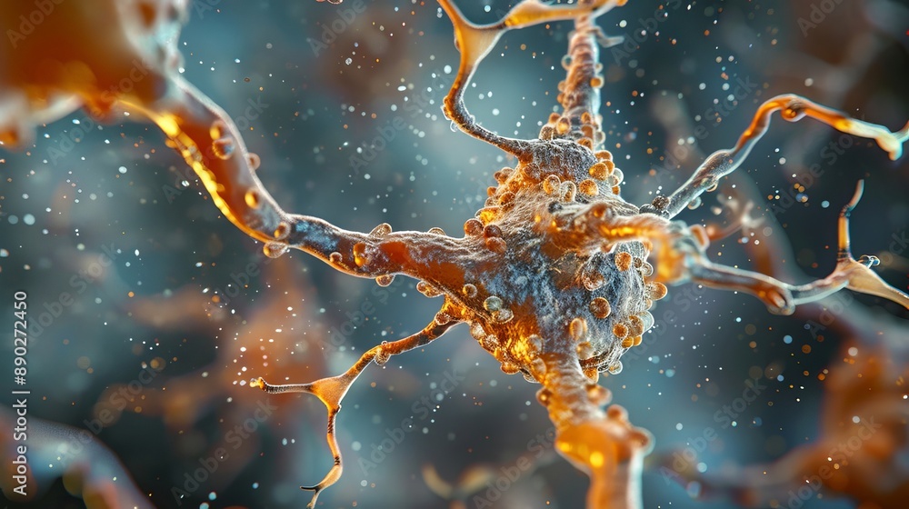 Poster microscopic view of a neuron with intricate branching structure