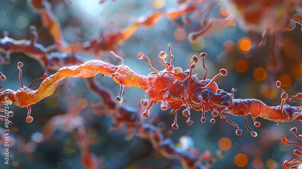 Poster close-up view of a red and yellow nerve cell with multiple branching dendrites