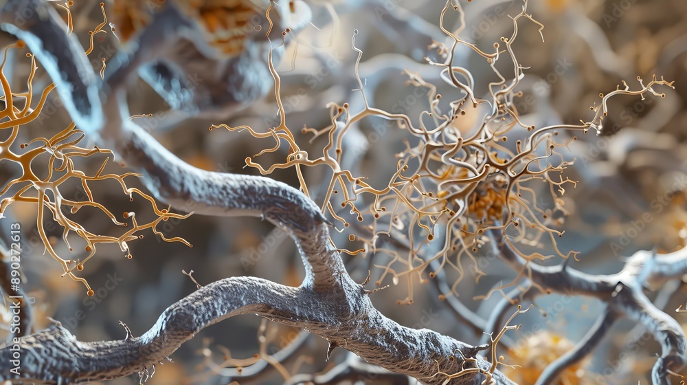 Poster microscopic view of a single neuron cell with dendrites and axon