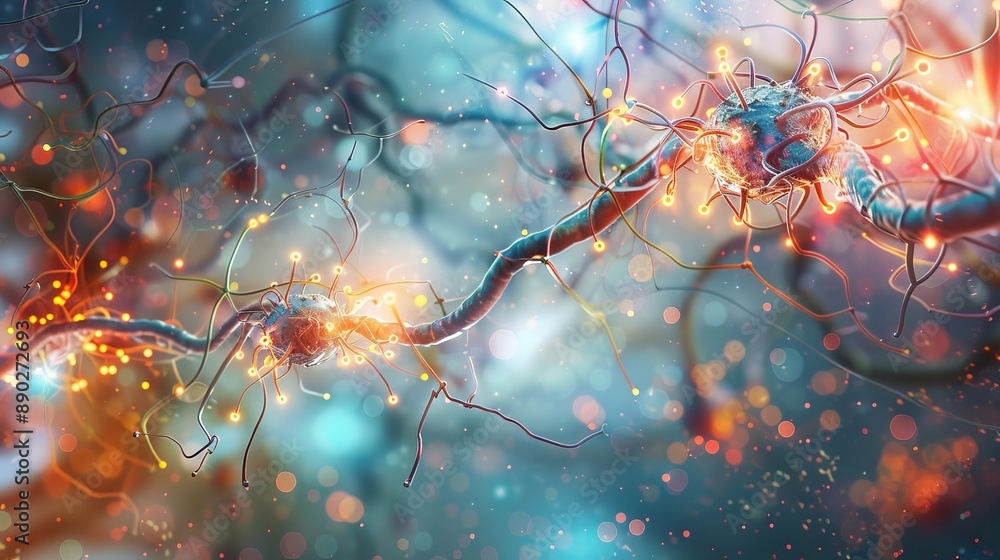 Poster microscopic view of a neuron network with glowing synapses