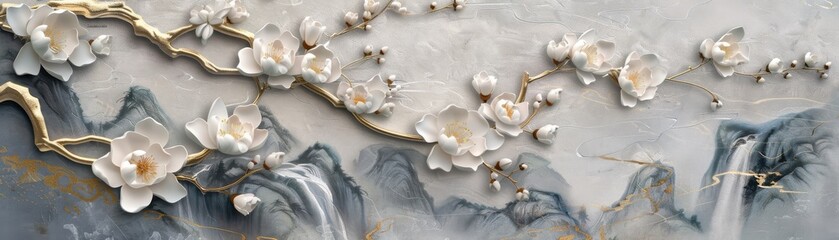 Elegant floral relief artwork with delicate white flowers and abstract mountain background in soft tones.