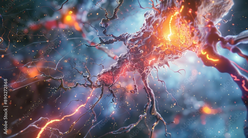 Poster microscopic view of a neuron with branching dendrites and axon