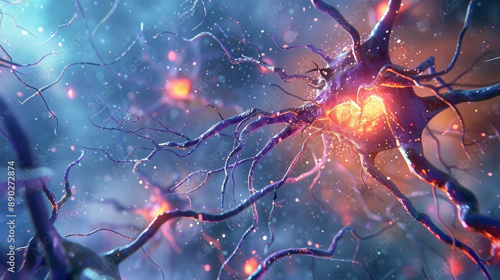 Poster a detailed illustration of a single neuron with its complex branching axons and dendrites