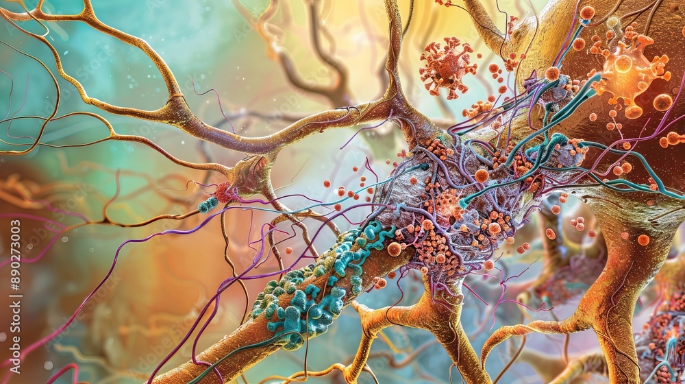 Aufkleber a microscopic view of a neuron and its interconnected synapses