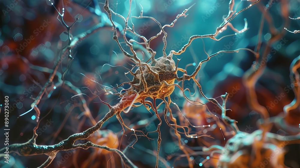 Poster microscopic image of a neuron cell with complex branching axons