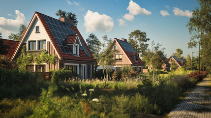 Elegant Dutch-style houses in Darlowo, Poland, with solar panels and clear blue sky