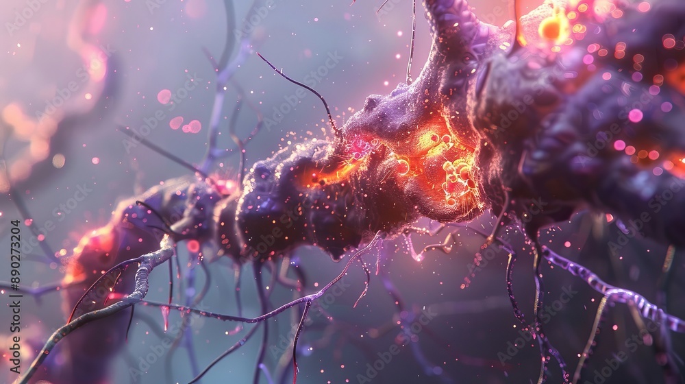 Poster close-up digital rendering of a neuron firing in a network