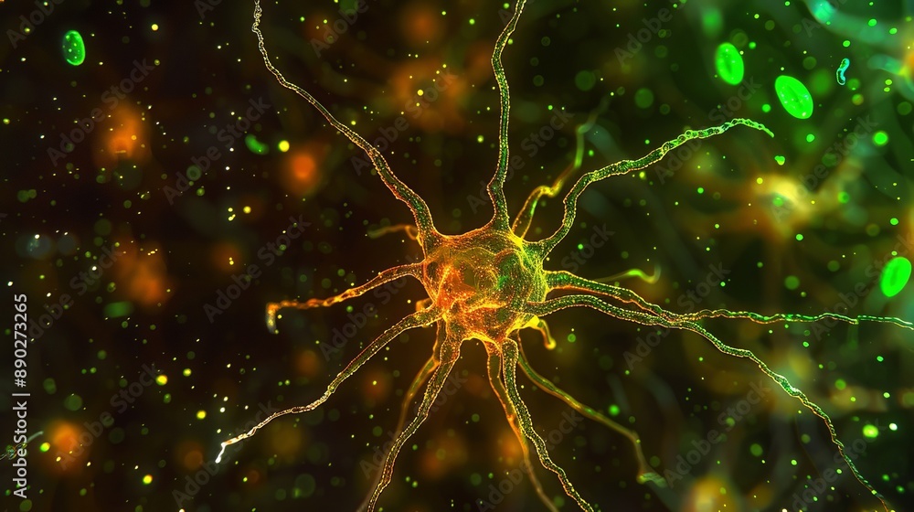 Poster microscopic view of a neuron with dendrites and axons
