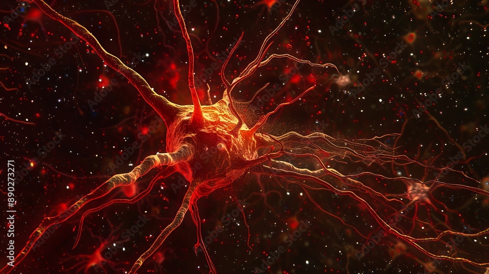 Poster a detailed visualization of a single neuron cell with extended axon and dendrites