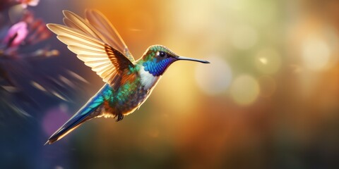 Obraz premium A vibrant hummingbird with iridescent blue and green feathers hovers in mid-air, its wings spread wide against a warm golden bokeh background.
