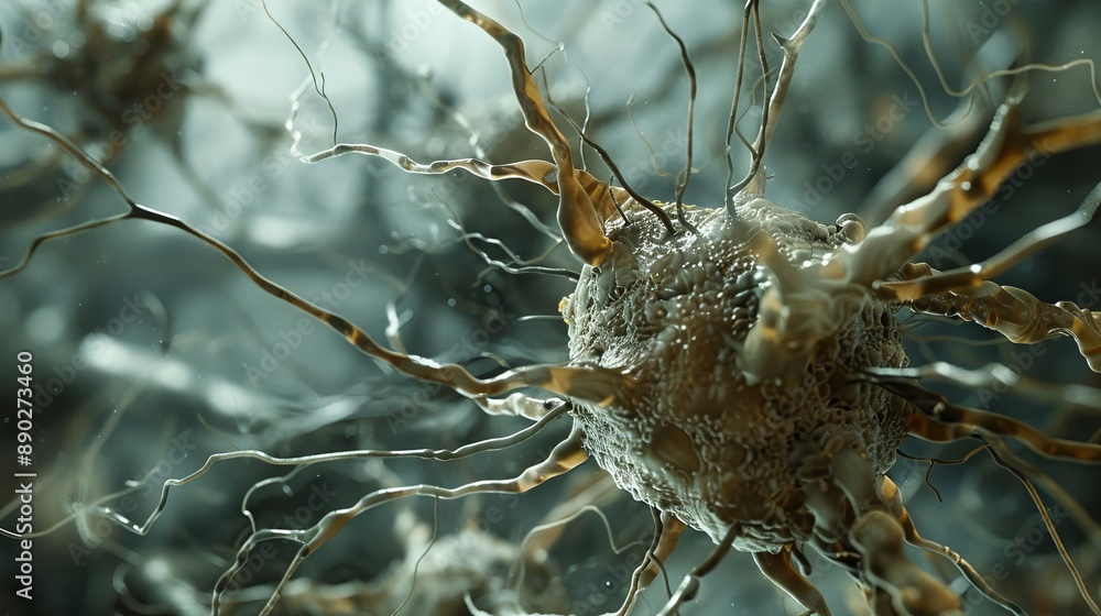 Poster microscopic view of a neuron cell with branching axons