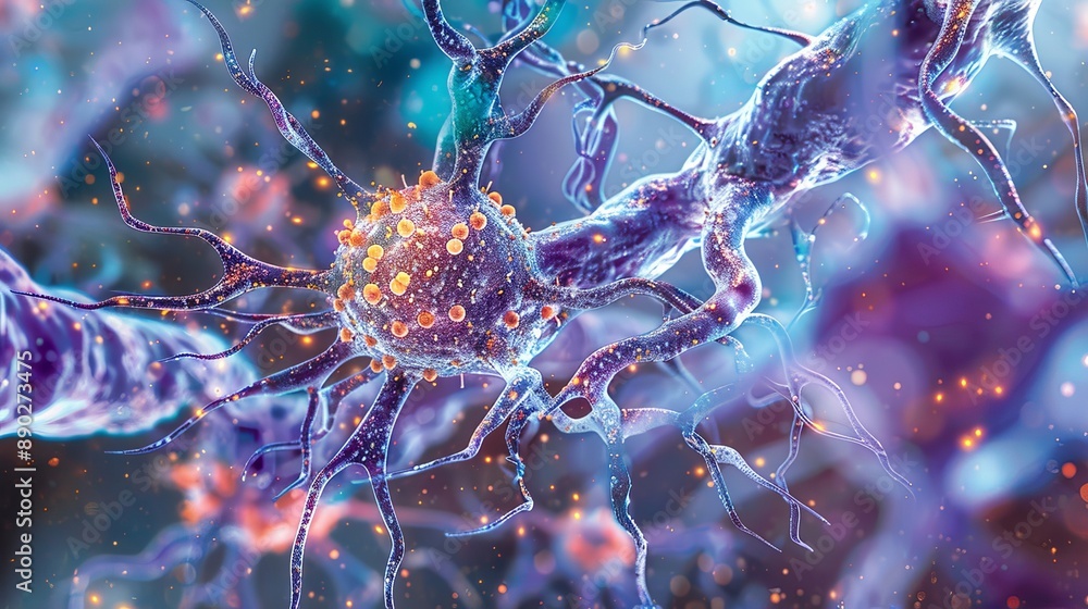 Poster microscopic view of a neuron with viral particles attacking