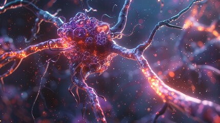 A 3d render of a neuron with multiple dendrites