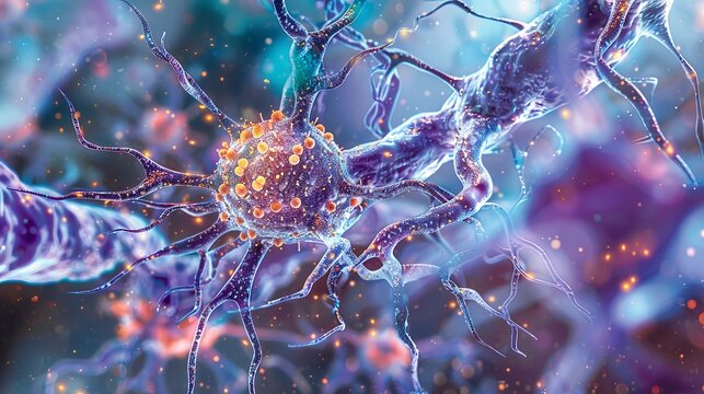 Microscopic view of a neuron with viral particles attacking - Powered by Adobe