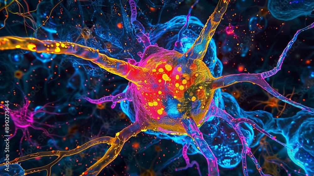 Poster vibrant microscopic image of a neuron with multiple dendrites