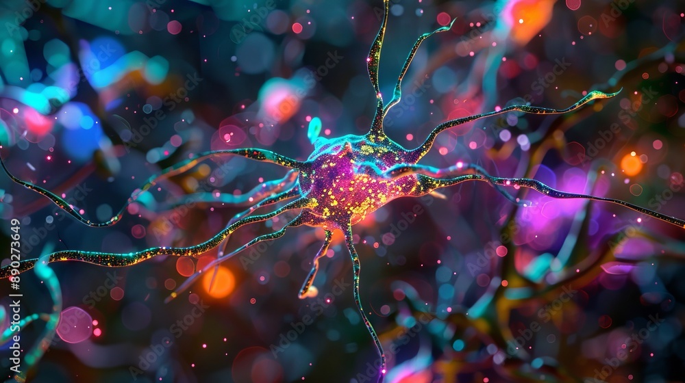 Poster a colorful microscopic view of a neuron with extending axons