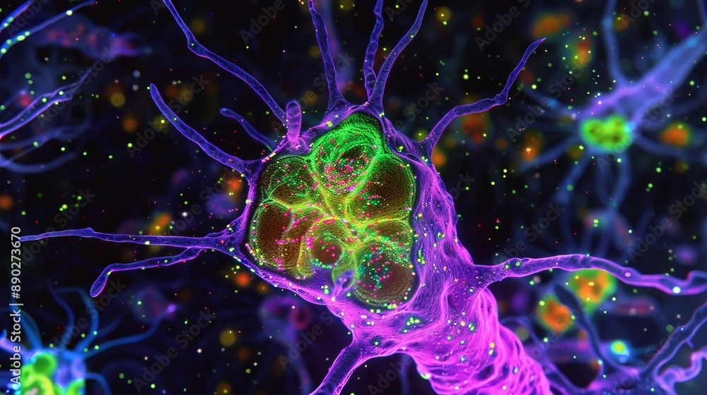 Poster microscopic view of a neuron cell with multiple dendrites and axons in a dark background