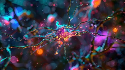 A colorful microscopic view of a neuron with extending axons