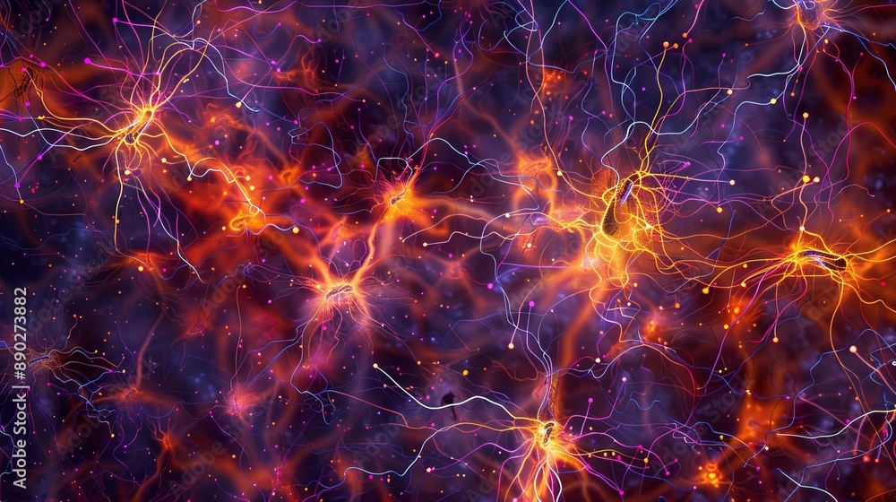 Poster abstract illustration of colorful neural networks in a deep purple space