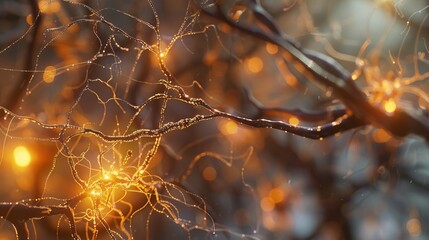 Close up of dew-covered tree branch in golden sunlight