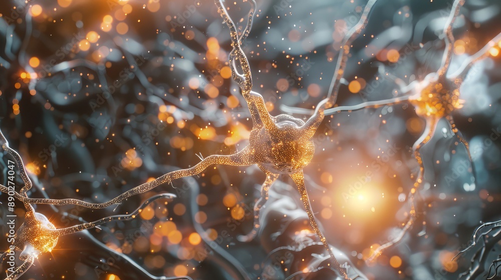 Poster close up of a neuron with intricate detail and glowing synapses