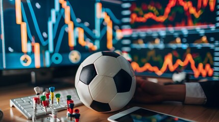Soccer ball and stock charts - sports betting concept for soccer and futbol use. 