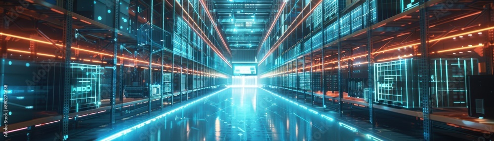 Poster futuristic data center with glowing blue and orange lights, showcasing advanced technology and high-