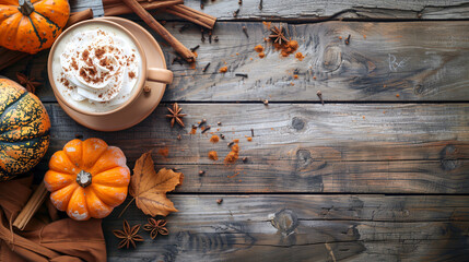 a spiced pumpkin latte, topped with whipped cream and a sprinkle of pumpkin pie spice, surrounded by small pumpkins and cinnamon sticks