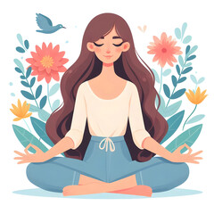 A young beautiful girl sitting in the lotus position, isolated on a white background, Flat vector Illustration