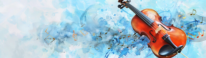 Fototapeta premium Vibrant image of a violin on an abstract background with blue, orange, and white tones. Perfect for illustrating musical, artistic, and creative themes.. Generative AI.