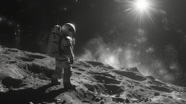 Black and white image of a man in a spacesuit on the moon