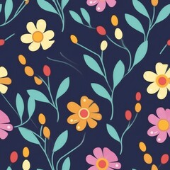 Colorful floral pattern with pink yellow and orange flowers and blue leaves on a dark blue background