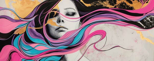 Naklejka premium A serene woman adorned with flowing hair, half her face resplendent in gold leaf and marble . The other half is a vivid explosion of pink, purple, blue, black, and white ink art .