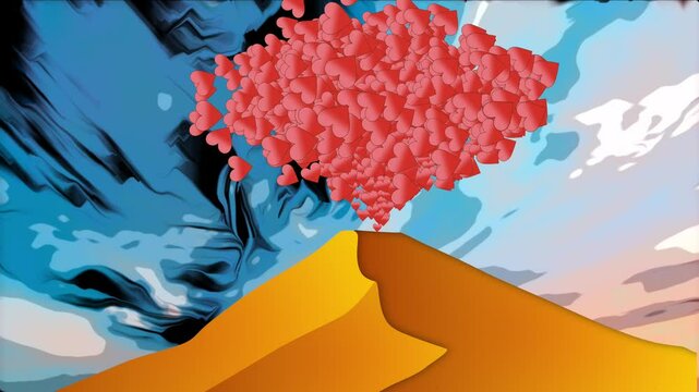 Animazione di un vulcano che emette cuori, concetto di un vulcano pieno d'amore
