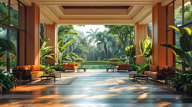 Relaxing retirement party flyer depicting an open area country club with lush greenery and seating areas with a writing space on the left side for heartfelt retirement wishes and event details