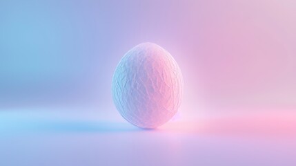 Interlocking atomic particles forming an egg, glowing brightly, on a gradient background shifting from blue to purple