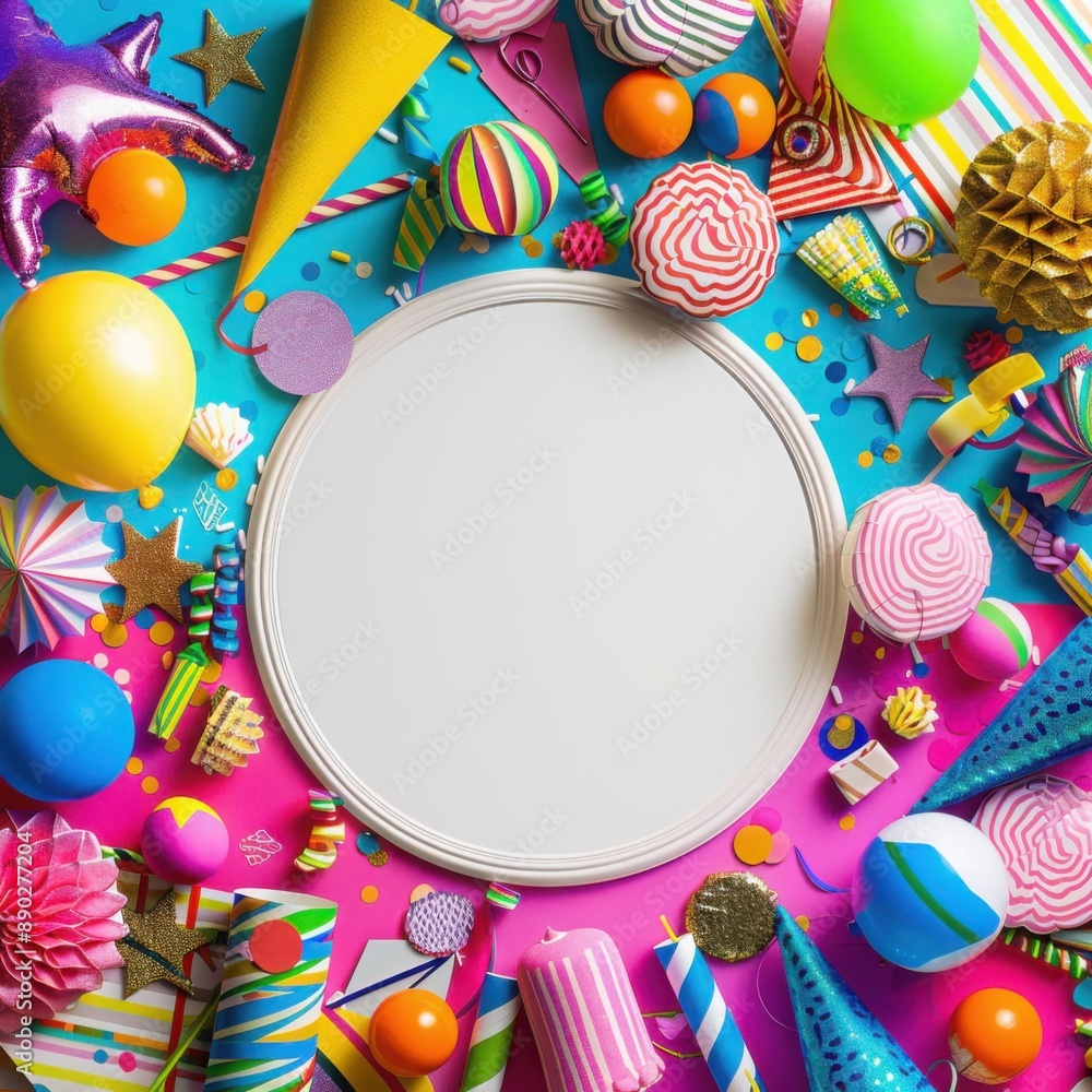 Poster a blank white circle in the center of a vibrant party background with colorful decorations and party