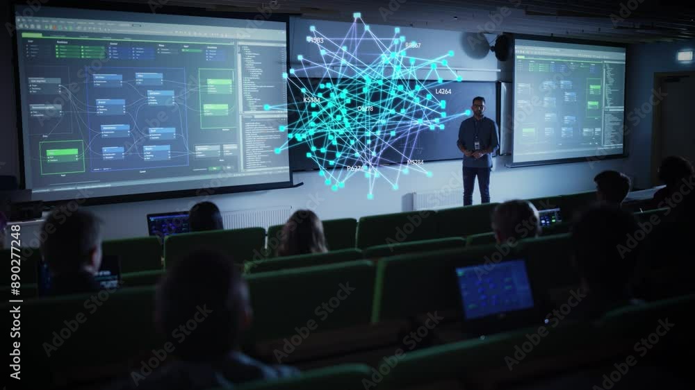 Poster Male Teacher Using Augmented Reality Holographic Visuals to Explain AI Technology, Cloud Computing and Big Data in a High Tech Classroom. Students Engage with Interactive Data on Laptop Computers