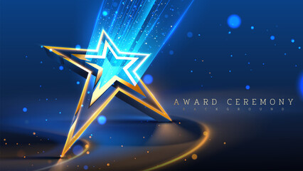 Elegant 3D star display stand with sparkling decoration and bright blue spotlights. Ideal for award ceremonies, celebrations and recognition events. Vector illustration.