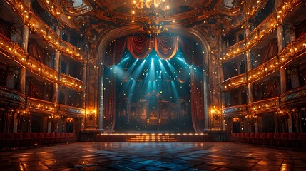 Obraz premium Prestigious award ceremony flyer featuring an open area opera house with grand decor and spotlighted stage with a writing space on the right side for award winners and congratulatory wishes