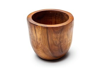 Wooden Cup Utensil. Closeup of Brown Crafted Design on White Background