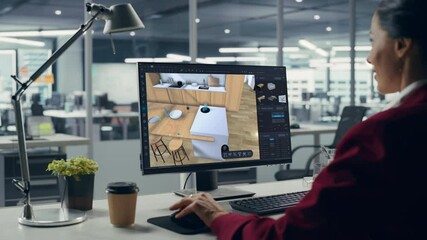 Female Interior Designer Using Advanced 3D Modeling Software on a Desktop Computer to Create a Modern Living Room and Bedroom Space Layout. Specialist Creating a Stylish Environment for a Client - Powered by Adobe