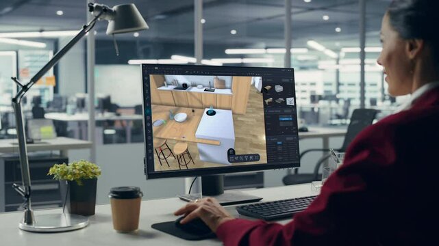 Female Interior Designer Using Advanced 3D Modeling Software on a Desktop Computer to Create a Modern Living Room and Bedroom Space Layout. Specialist Creating a Stylish Environment for a Client
