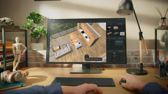 POV of a Person Sitting Behind a Desk, Using Computer with an Interior Design Software. Anonymous Designer Creating a Living Space Layout, Planning and Organizing a Room for a Client