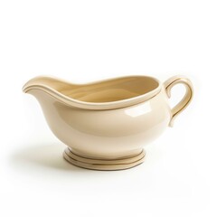 White porcelain gravy boat with a gold trim isolated on a white background.